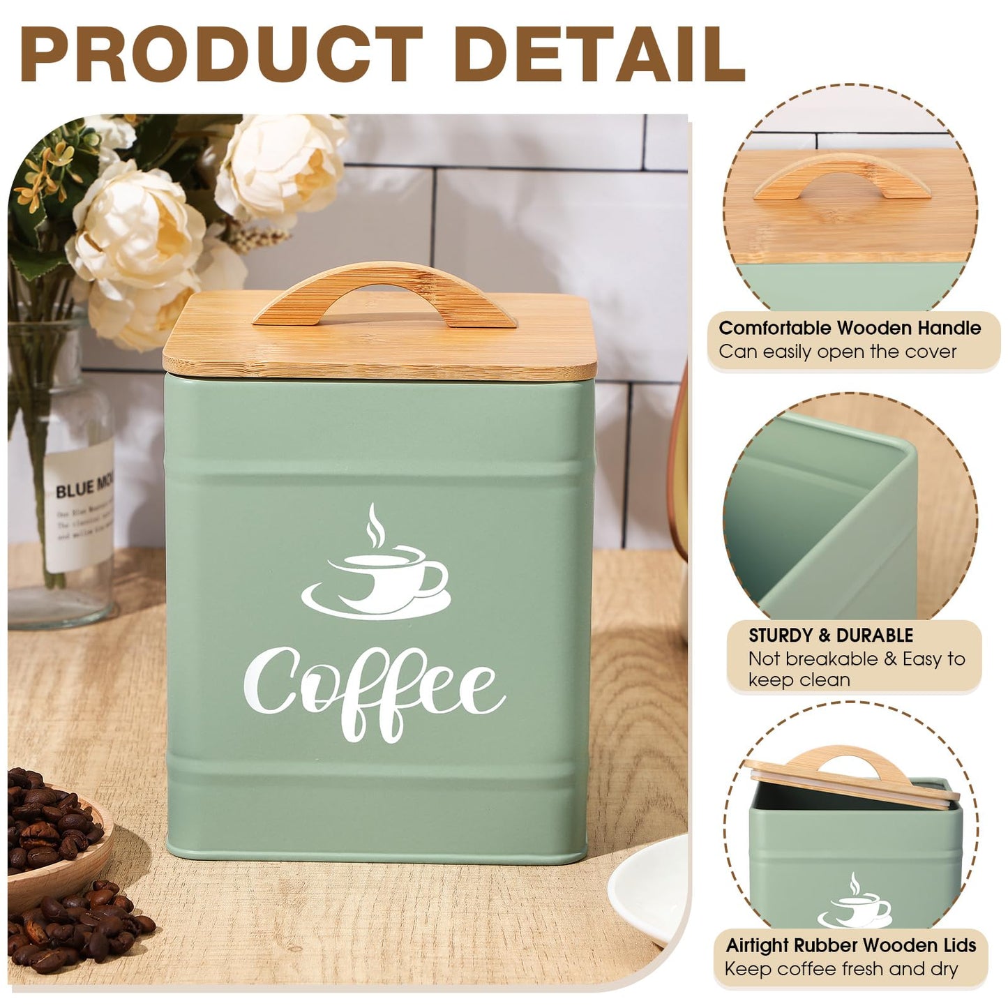 Maxdot 40 oz Turquoise Airtight Coffee Canister Large Iron Farmhouse Container with Wooden Bamboo Lid Tea Storage Kitchen Countertop Container for Coffee Grounds Beans Pods