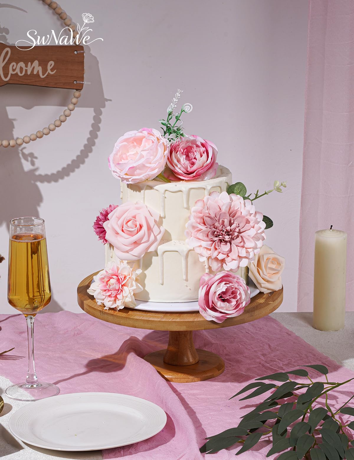 SWNAWE Pink Flowers Artificial Roses Combo Set Fake Pink Silk Flowers Faux Peony Flowers Mix Chrysanthemum Dahlia with Stems for Wedding Bouquets Baby Bridal Shower Party Floral Arrangements Decor