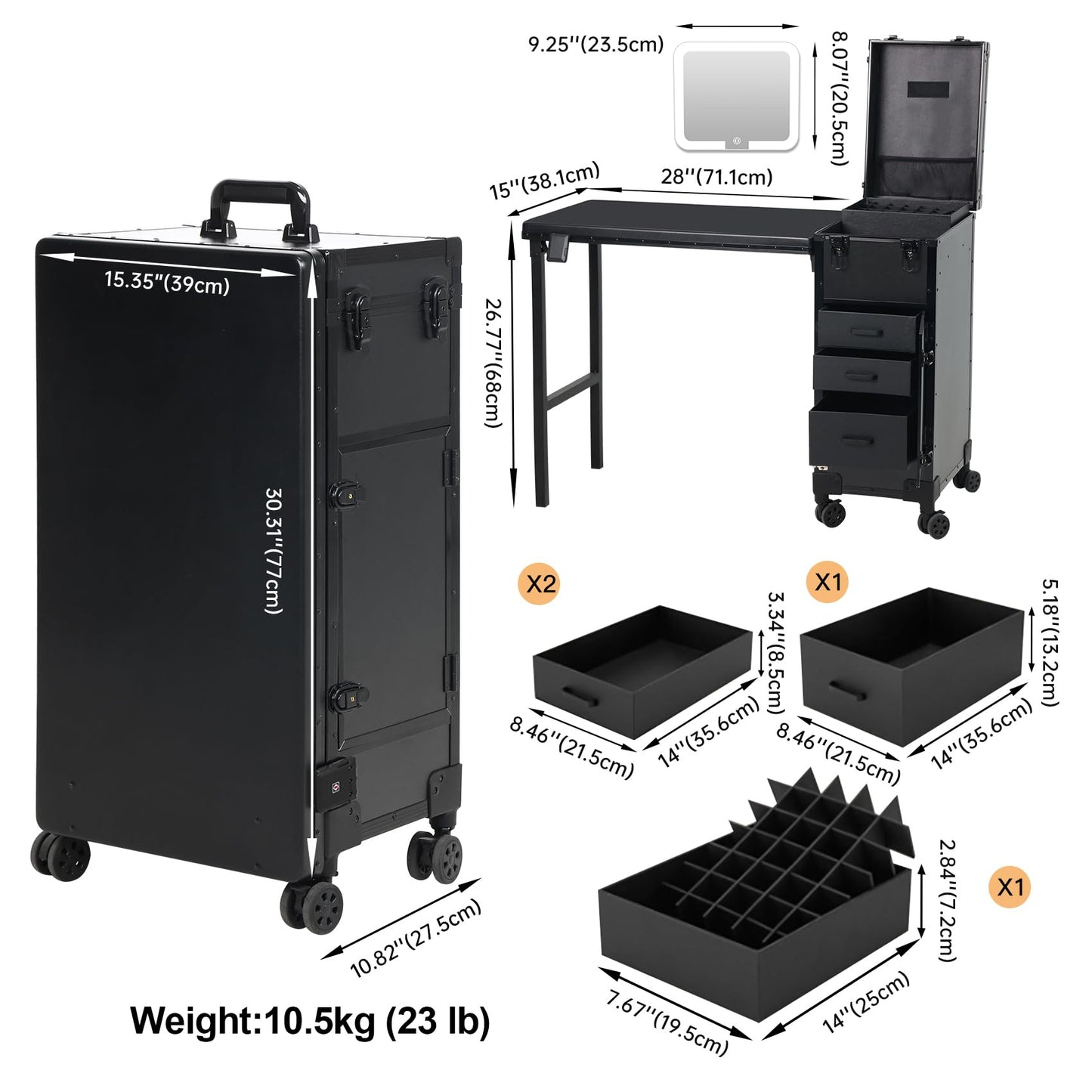Rolling Portable Manicure Table with 3 Drawers, Lockable Makeup Train Case with Detachable Mirror, Foldable Nail Desk with Wheels & Handle, Mesa de Uñas Profesional para Nail Techs & Salon Use, Black