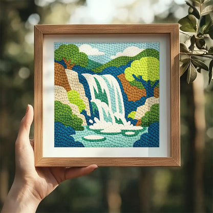 Doodlream Mountain Waterfall Landscape Needle Kit for Beginner, 9.4"x 9.4" Nature Punch Stitching Craft Set, Color DIY Embroidery Starter with Printed Frame, Instruction, Threader, Yarn, Pinch Needle