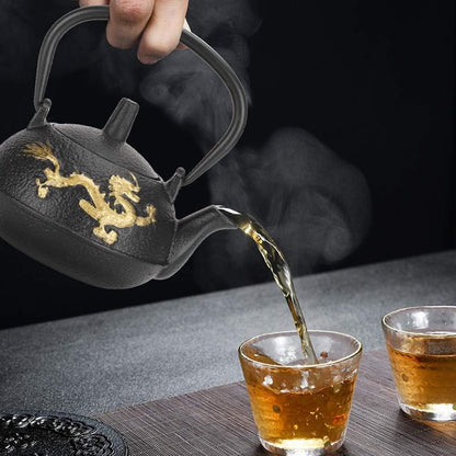 Japanese Tetsubin Cast Iron Tea Kettle - Stovetop Teapot with Gold Dragon Pattern, 0.3L