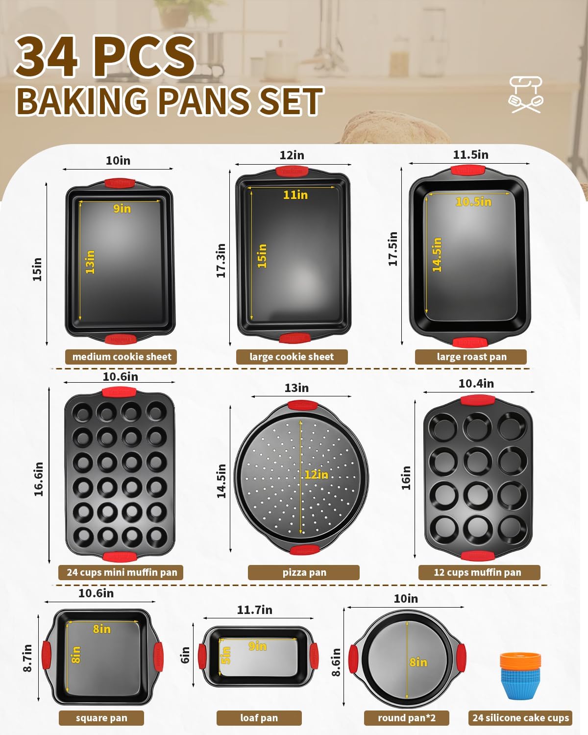Skiennix Baking Pans Set - 34 PCS Nonstick Bakeware with Silicone Handles | Includes Cookie Sheet, Cake Pans, Muffin Pan & More
