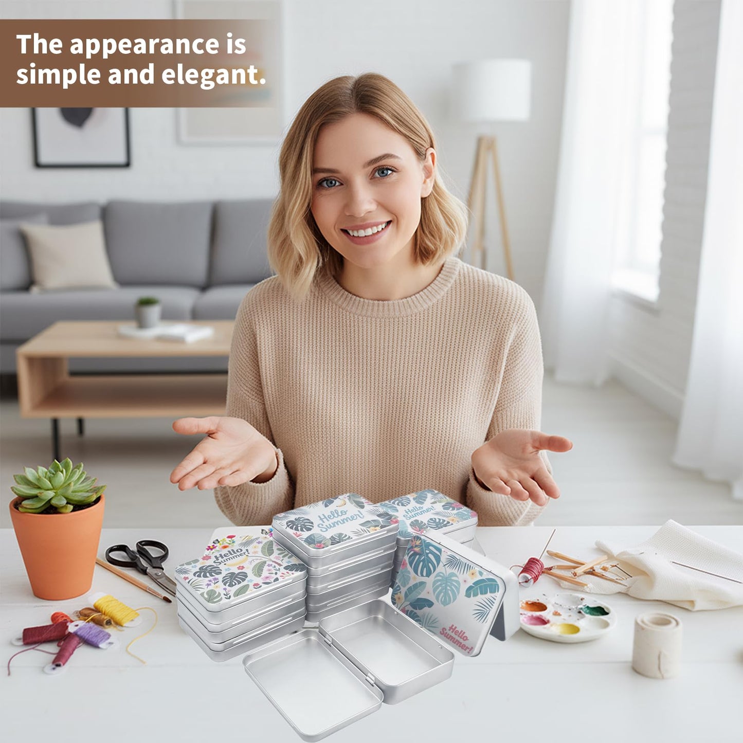 Goodma 12 Pack Empty Rectangular Silver Metal Tins Storage Organizer Gift Boxes with Hello Summer Themed Image Pattern on the Lid, 4.5 x 3.3 x 0.9 inch