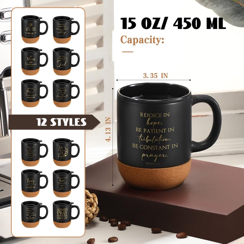 FillTouch 12 Pcs Christian Mothers Day Coffee Mugs 15 oz Religious Cup Cork Bottom Coffee Mug with Verse Inspirational Gifts for Women Men Father Teacher Church Bible Study(Black,Classics)