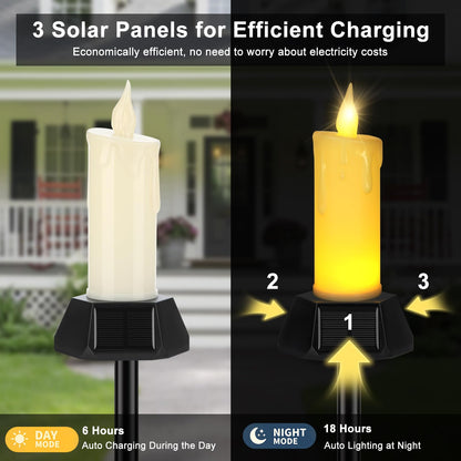 Solar Flameless Candles Outdoor Waterproof, Patented Dual-LED Flickering Flame 7" Dripping Wax Pillar with Detachable Stake, 3-Sided Solar Base for Patio, Cemetery (4 Pack)