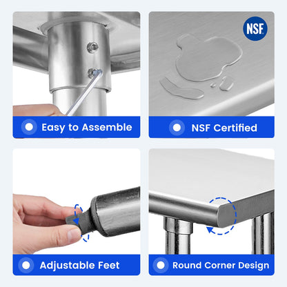 Hally Stainless Steel Table for Prep & Work 30 x 60 Inches, NSF Commercial Heavy Duty Table with Undershelf and Galvanized Legs for Restaurant, Home and Hotel