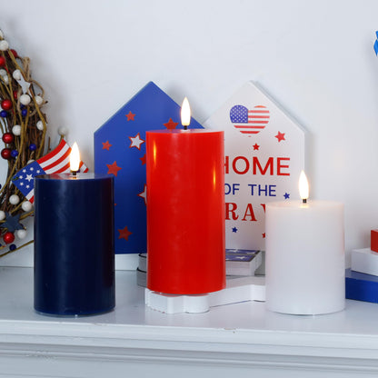 JOIONE 4th of July Red White and Blue Flameless Pillar Candles with Remote, 3 Pack Patriotic Battery Operated Real Wax LED Candles, Perfect for Independence Day Home Decorations Fireplace Table