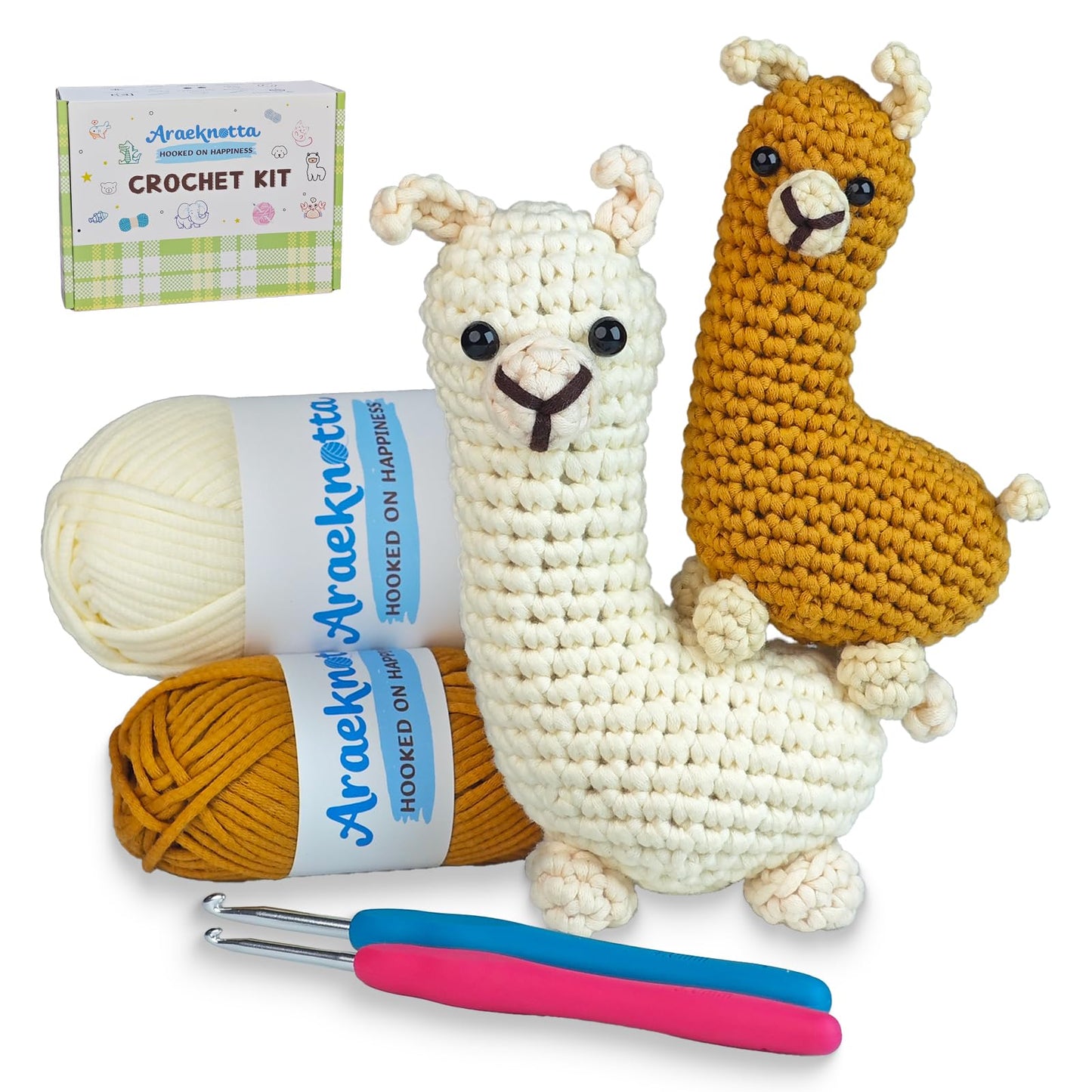 Araeknotta Crochet Kit for Beginners with Easy to Use Yarn, Crochet Hooks, Video Tutorial, Animal Amigurumi Craft Gift for Kids Women Adults (Llama 2 Pack)