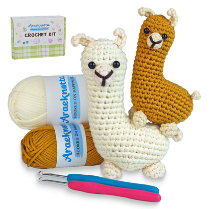 Araeknotta Crochet Kit for Beginners with Easy to Use Yarn, Crochet Hooks, Video Tutorial, Animal Amigurumi Craft Gift for Kids Women Adults (Llama 2 Pack)