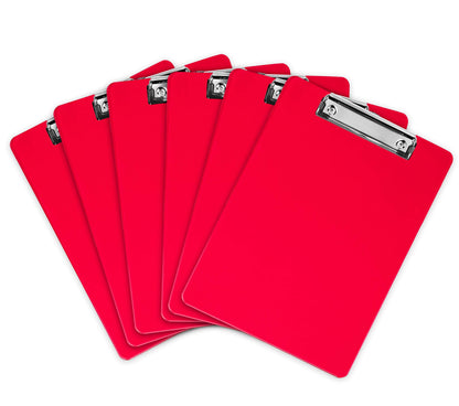 Plastic Clipboards (Set of 6) Multi Pack Clipboard (Red) Strong 12.5 x 9 Inch | Holds 100 Sheets! Acrylic Clipboards with Low Profile Clip | Cute Aesthetic College School Supplies for Girls and Boys