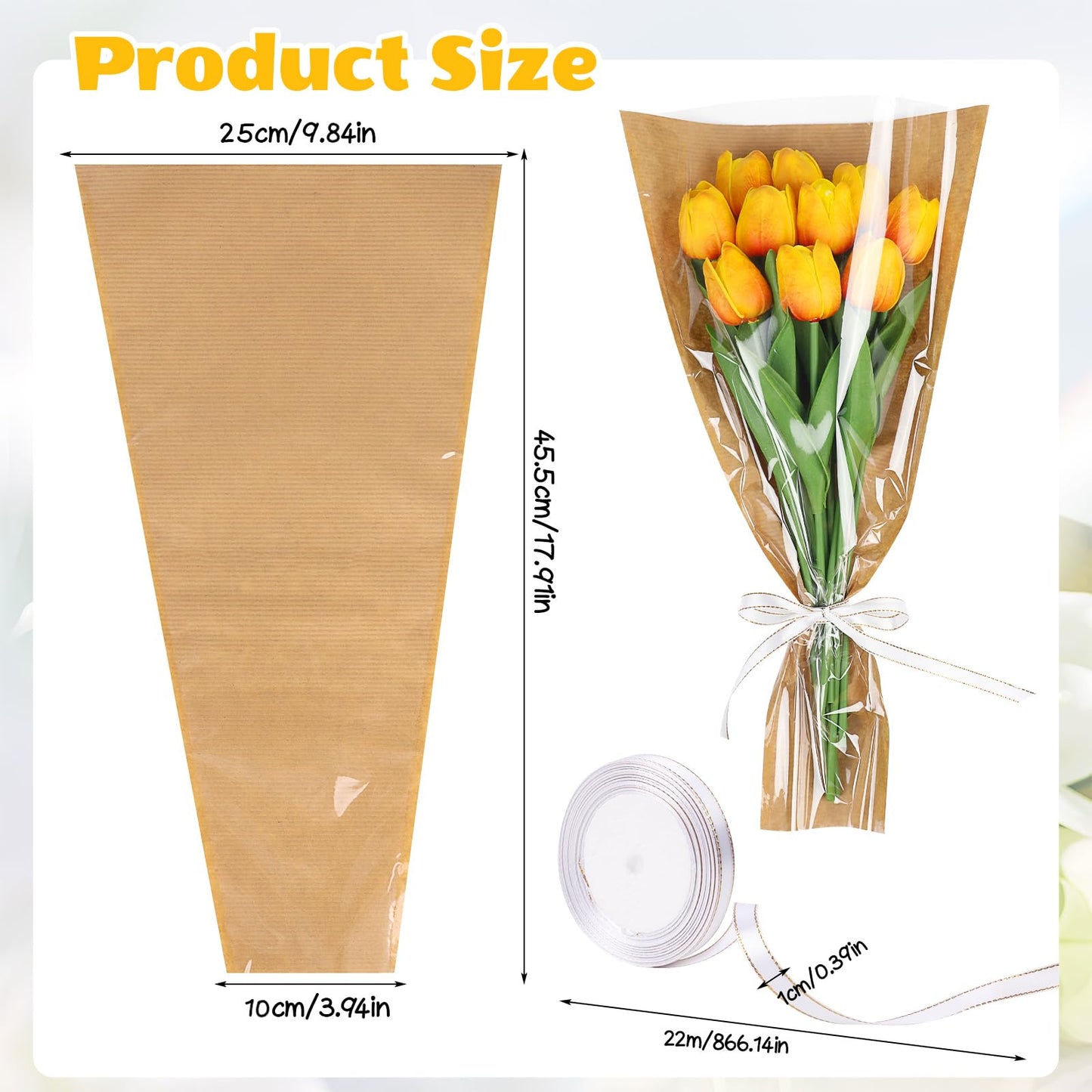 DIYASY 50 Pcs Flower Wrapping Bags for Bouquets, Kraft Paper Floral Packing Sleeves with Ribbons Florist Wrap Supplies for Wedding Mother's Day Graduation Gift 9.8x3.9x17.9 Inch