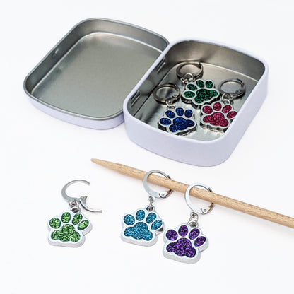 Pretty Warm Designs Sparkly Paw Print Crochet Stitch Markers - Dog and Cat Pet Lover Progress Keepers for Amigurumi - Set of 6 Handmade Accessories in Hinged Storage Tin