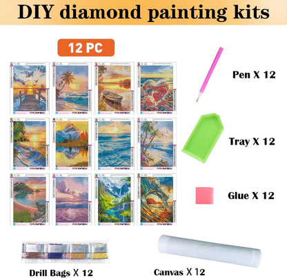 CreateJoy 12 Pack 5D Diamond Art Kits for Adults - Beach Diamond Art DIY Paint with Round Full Drill Diamond dots for Beginners, Gem Paintings for 12X16 Inch Home Wall Decor