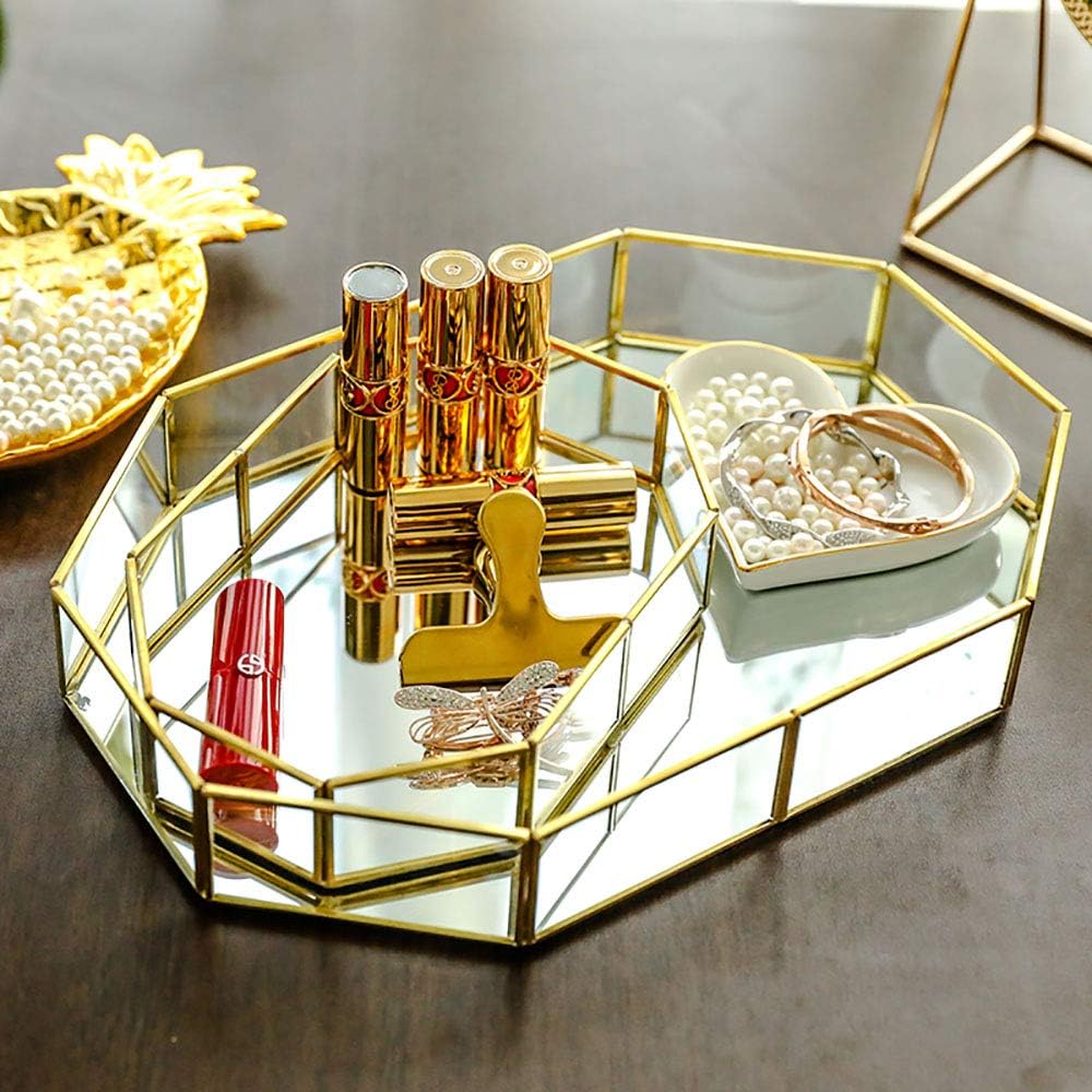 Large Mirror Gold Tray, Rectangle Metal Makeup Decorative Tray, Perfume Glass Jewelry Organizer for Vanity, Bathroom,