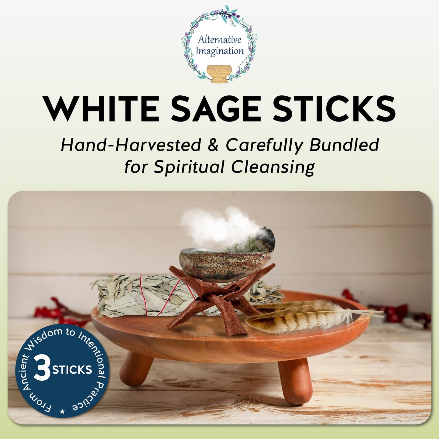 Alternative Imagination California White Sage Smudge Sticks - 3-Pack of 7-Inch Bundles for Home Cleansing,Energy Clearing, Meditation, Witchcraft, Spiritual Gifts,Altar & Smudging-Packaged in the USA