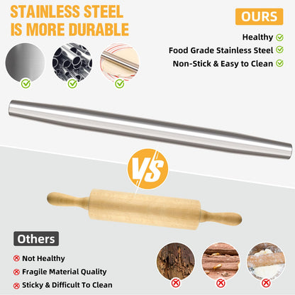 Rolling pin, Smooth Stainless Steel Rolling Pin, Rolling Pin for Baking Fondant, Pizza, Pie, Pastry, Pasta, Dough, Cookies (16.7in+mat)