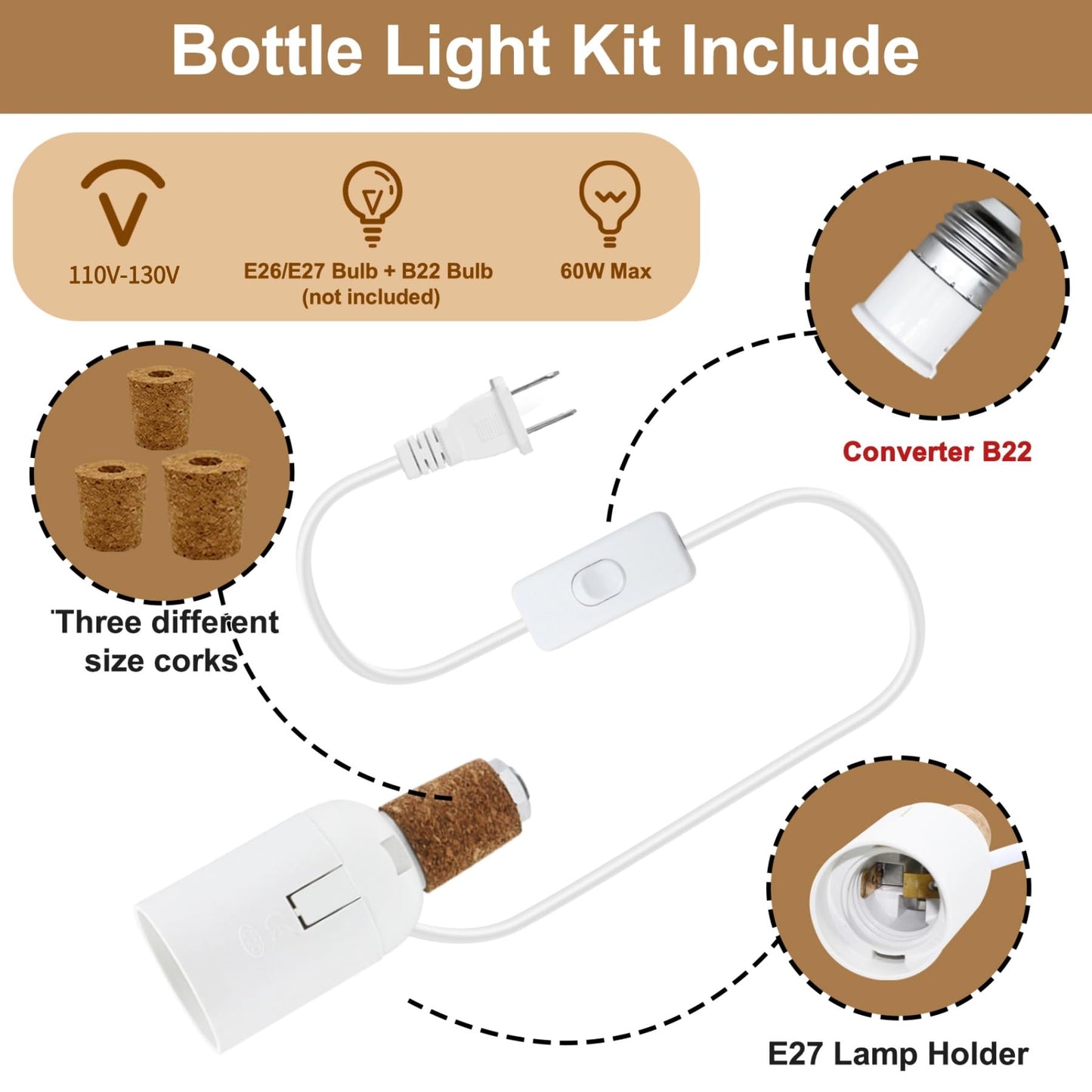 2 Pack Bottle Lamp Kits, 240cm Wine Bottle Table Lamp, DIY Lamp Fittings Kit for Table Lamp with E26/E27 to B22 Converter 3 Sizes of Corks No Drilling (No Bulb)