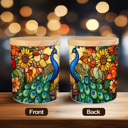 Stained Glass Peacock Tea Light Candle Holders, Thanksgiving Day Tealight Candle Holder Jar with Wooden Lid, Pumpkins Votive Candlesticks for Table Centerpieces, Christmas,Birthday Party