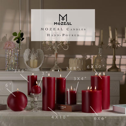 MOZEAL Hand-Poured, 3 Inch Dark Red Round Ball Candles - Elegant Dark Red Round Pillar Candles Set of 3, Dripless, Unscented, Smokeless, Ideal for Intimate Gatherings.