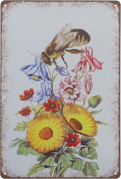 Retro Metal Tin Sign, Bee Sunflower Summer Wall Decor, Farmhouse Decor for Home Cafes Office Store 8 x 12 in