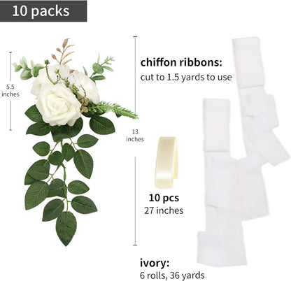 Skiennix Wedding Aisle Decorations - Set of 10 Artificial Pew Flowers with Eucalyptus & Ribbons | Elegant White Decor