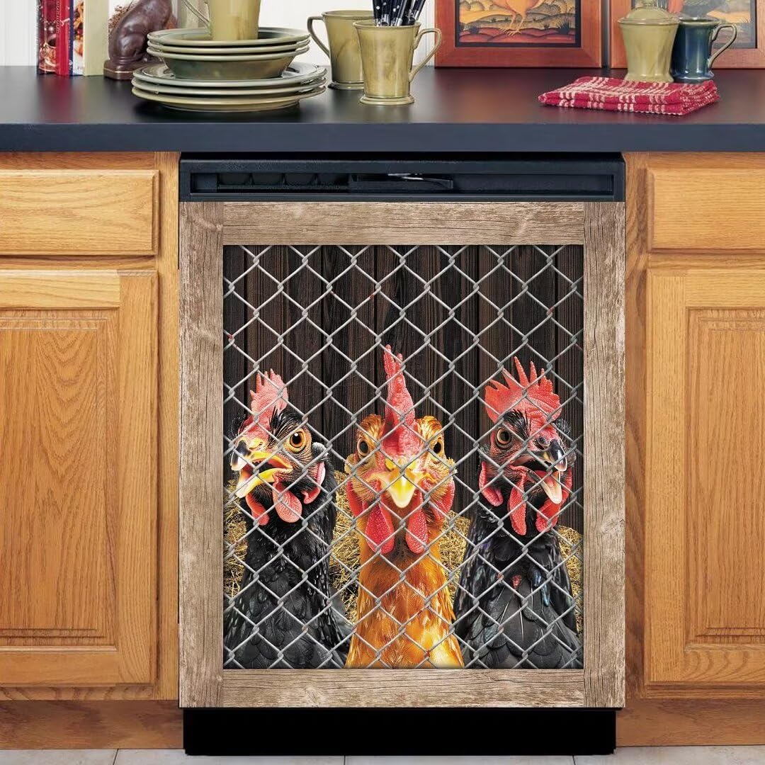 Farm Chicken Coop Dishwasher Face Cover - Magnetic Decorative Country Hen Stickers, Fridge Door Cover, 23Wx26H