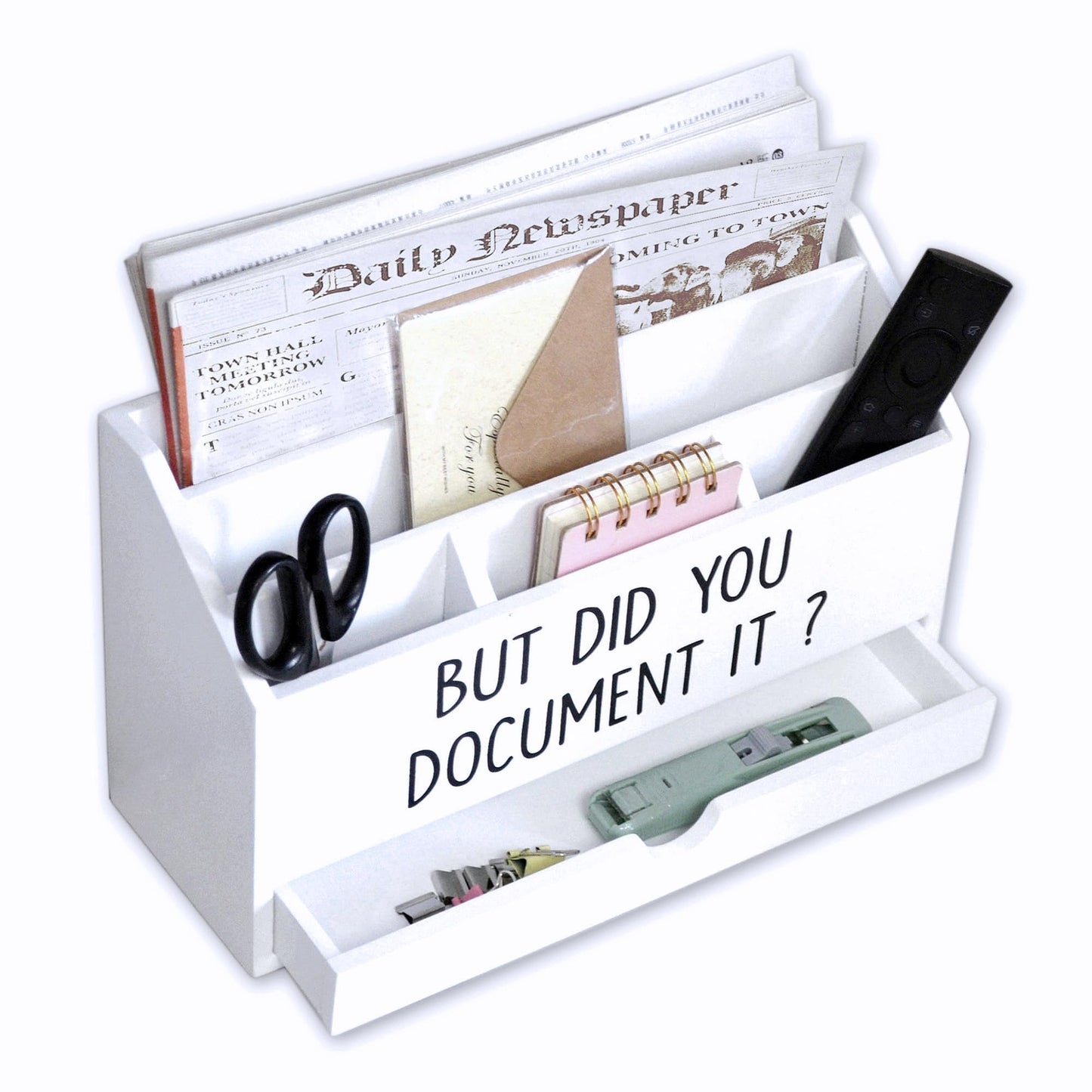 EXQUIDECA Wooden White Rustic Countertop Mail Storage Holder with Drawer and Compartments - Office Desk Accessories and Workspace Organizers - Desktop Sorter for Pen Stationery Letter Files Documents