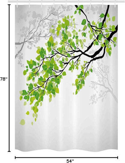 Ambesonne Nature Stall Shower Curtain, Twiggy Spring Tree Branch Leaves Graphic, Fabric Bathroom Decor Set with Hooks,