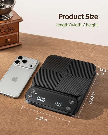 Maestri House S3 Coffee Scale with Timer, 3kg/0.1g Rechargeable Digital Scale, 3 Brew Modes, Adjustable Ratios & Flow Rate Display, Barista-Grade for Pour-Over, Espresso, French Press – Black
