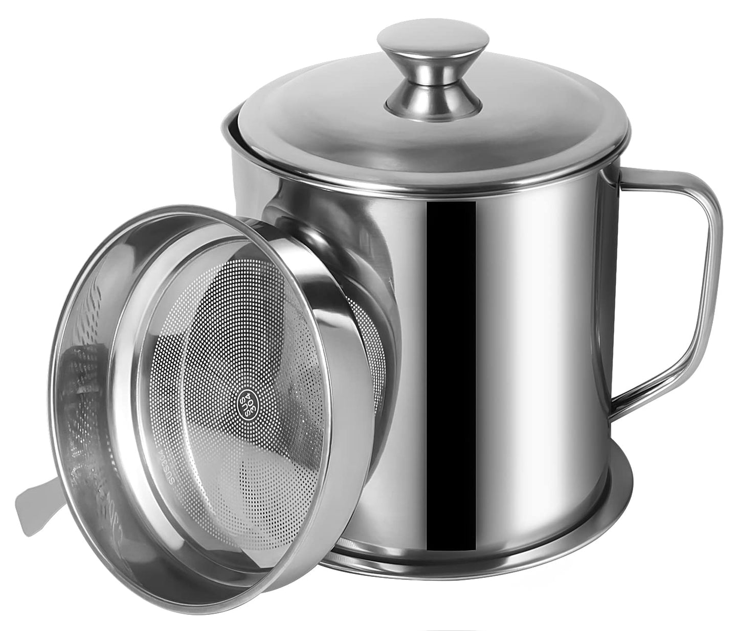 Tellshun Bacon Grease Container with Strainer 1.8 L / 60 oz Kitchen Catcher Food-grade Stainless Steel Cooking Oil Keeper with Lid and Easy-Grip Handle Suitable for Storing Frying Oil