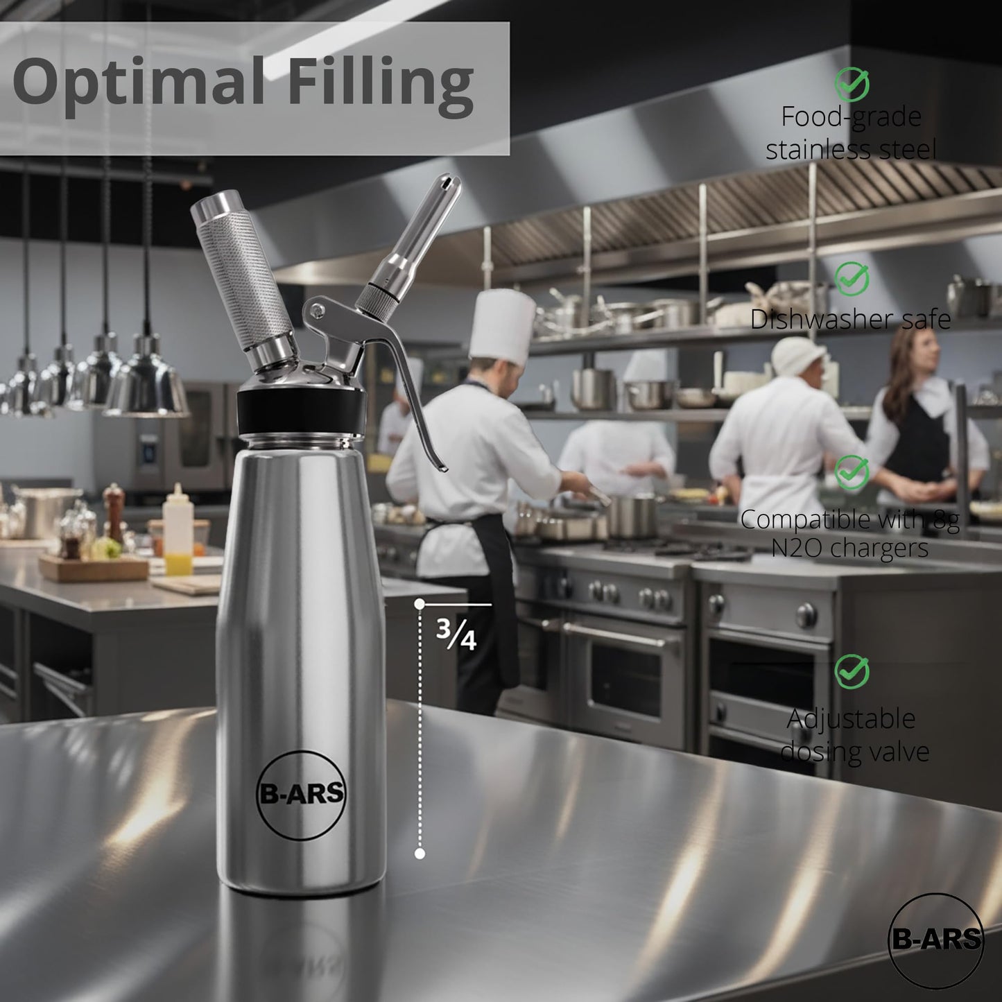 B-ARS Stainless Steel Whipped Cream Dispenser 500 ml Professional Siphon for Fresh Desserts Coffee Mousse Sauce with Nozzles Brush Recipe eBook Reusable Cream Maker for Barista Catering and Chefs Tool