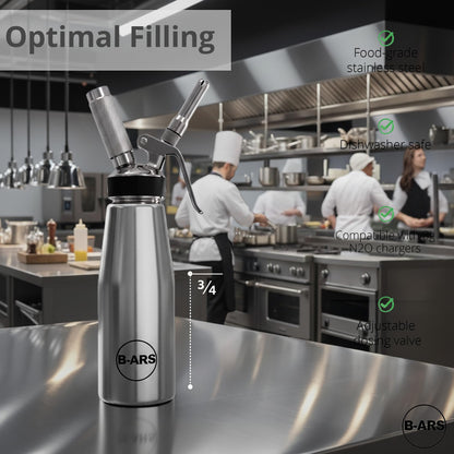 B-ARS Stainless Steel Whipped Cream Dispenser 500 ml Professional Siphon for Fresh Desserts Coffee Mousse Sauce with Nozzles Brush Recipe eBook Reusable Cream Maker for Barista Catering and Chefs Tool