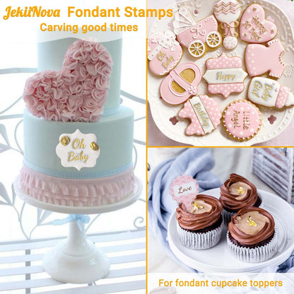 4PCS Alphabet Cake Stamps Tool with Brushes for Fondant Cookie Biscuit, Pretty Handwriting Food Grade Fondant Letter Stamp Uppercase Lowercase Numbers Words Reusable Cookie Stamp for Christmas Party