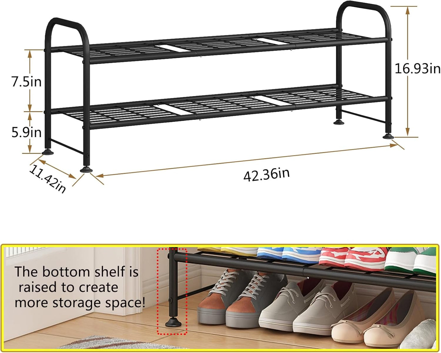 2 Closet LINZINAR Shoe Rack Tier Storage Organizer for Entryway Metal Black