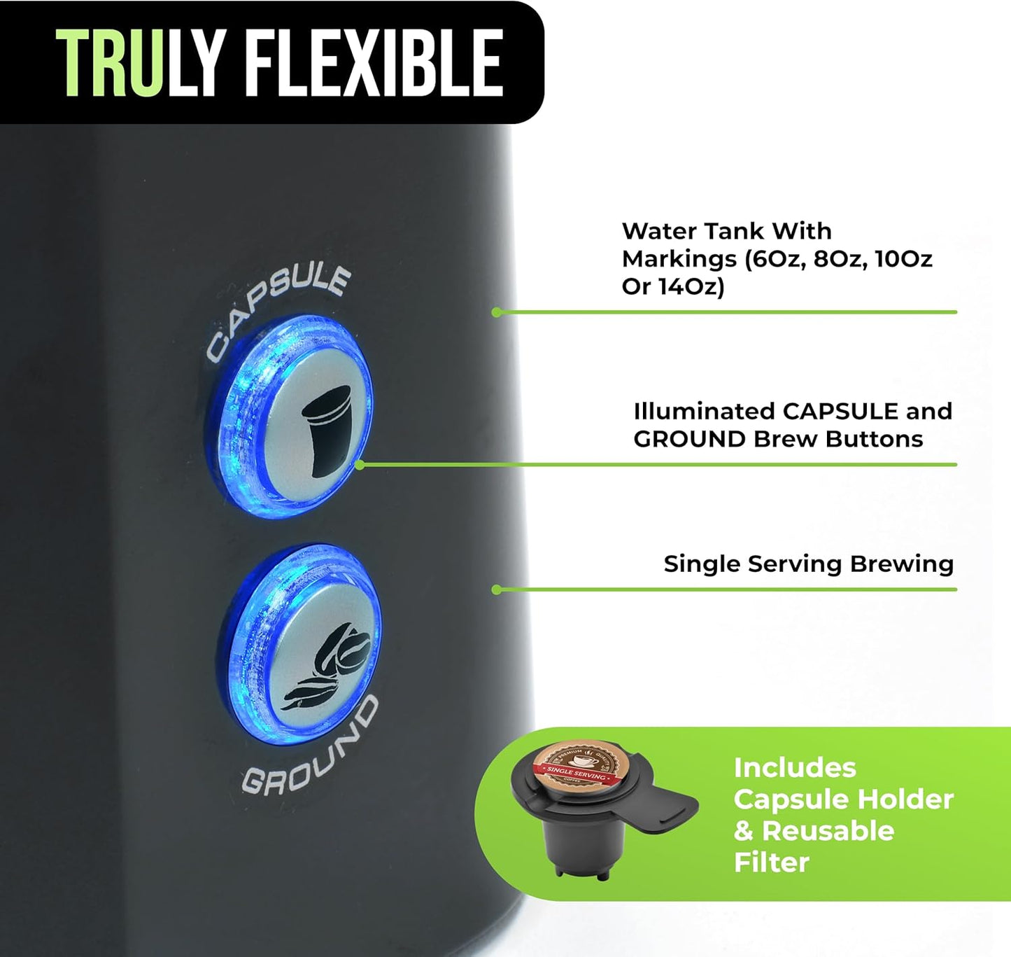 Tru Single Serve Dual Brew Coffee Maker - Premium Brewer for Coffee Capsules or Grounds - Features Self-Cleaning