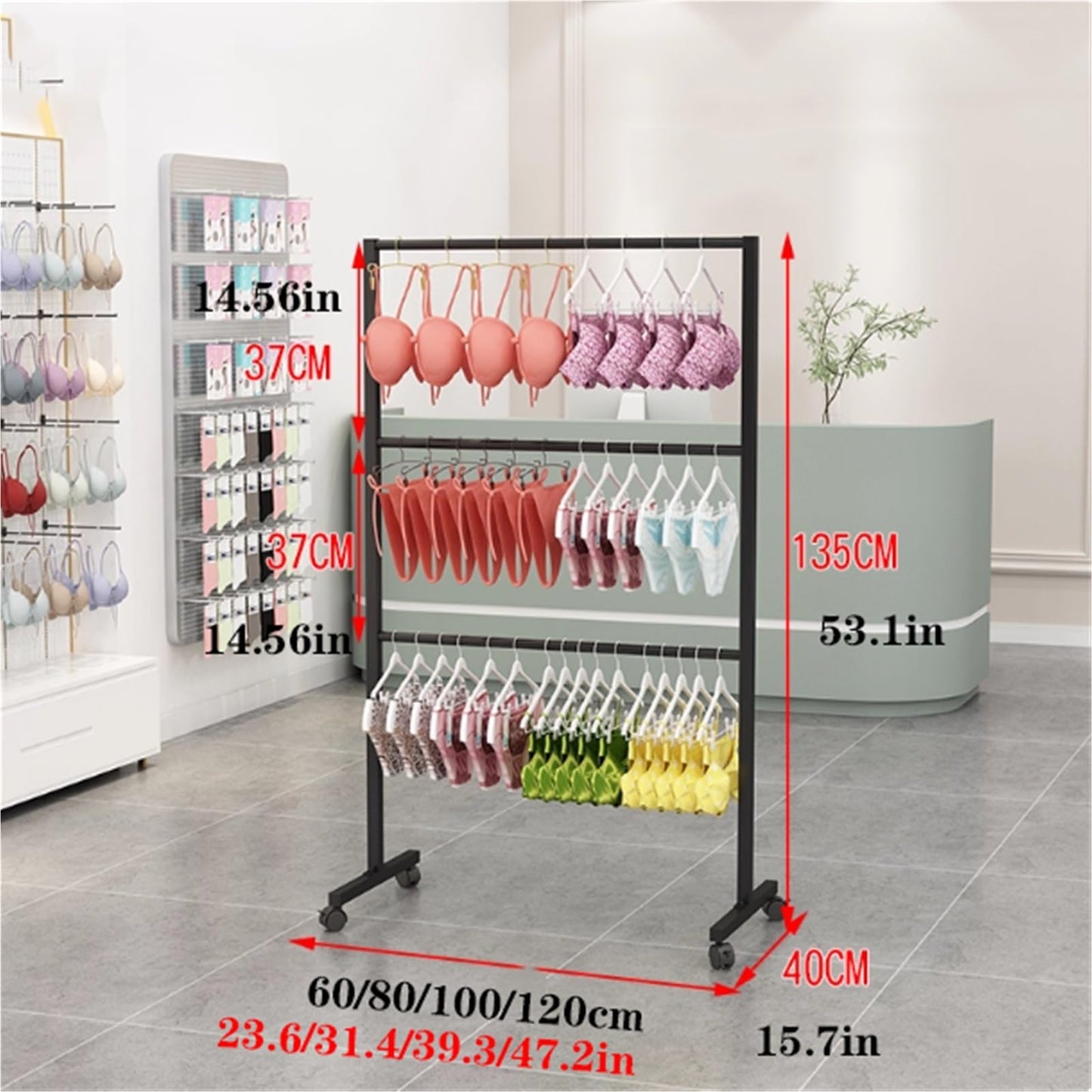 Metal Lingerie Bra Rack Swimsuit Organizer Hanger, Anti-Slip, Underwear Mobile Display Stand with Wheels, Commercial Clothing Store Shelf, for Shorts,Hats, Sock, 3 Tier(Gold,120 * 40 * 135cm)
