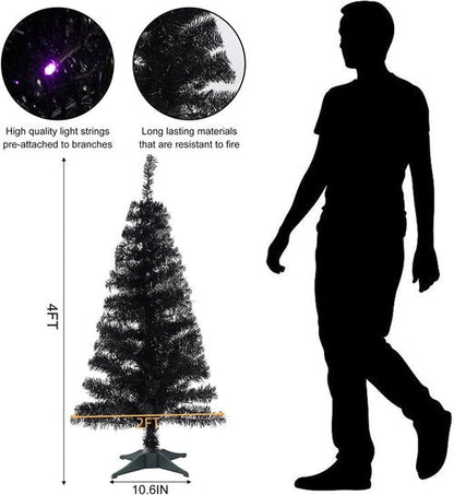 Juegoal Black Christmas Tree - Pre-Lit 4 FT Tinsel Pine with 70 LED Lights & Timer for Halloween Decor