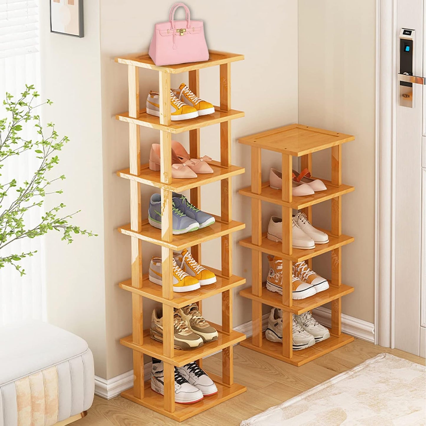 3Tier- Closet SAN HE Bamboo Shoe Rack Vertical Shoe Rack for Small Spaces, Tall Narrow Shoe Rack Organizer for Entryway