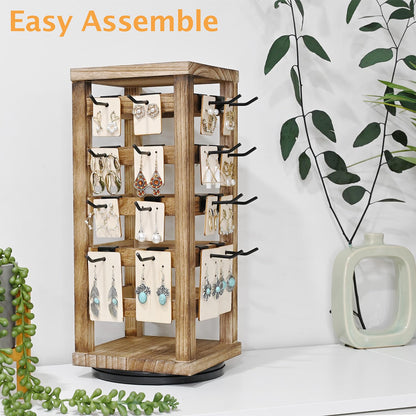 Ikee Design Wood Rotating Jewelry Display, Removable 42 Hooks Earring Display Stand, 5 Bars Earring Organizer Stand, Oak Color