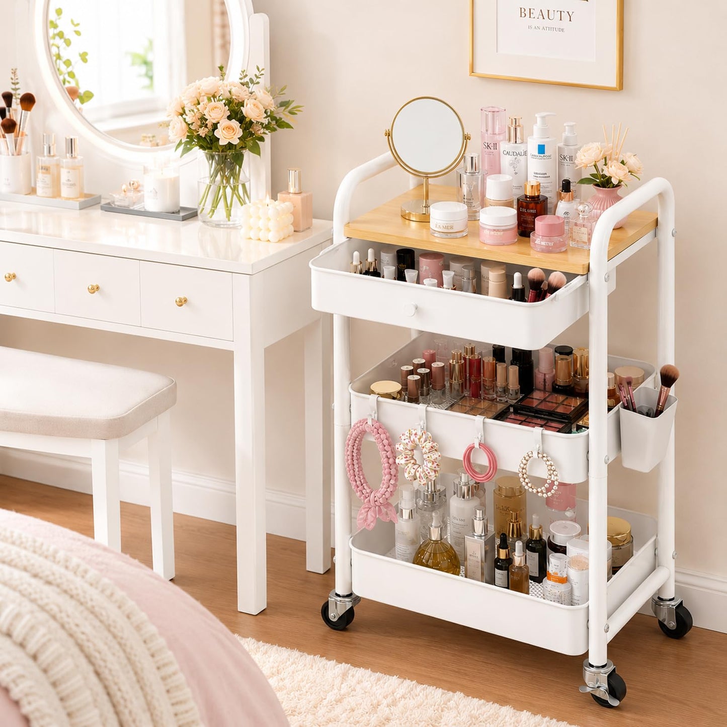 3 Tier Metal Rolling Cart with Drawers, Makeup Organizer Cart with Wheels for Skin Care/Lash/Hair Product/Perfume, Esthetician Pedicure Carts for Nail Techs, Vanity, Bathroom,Craft Storage Carts,White