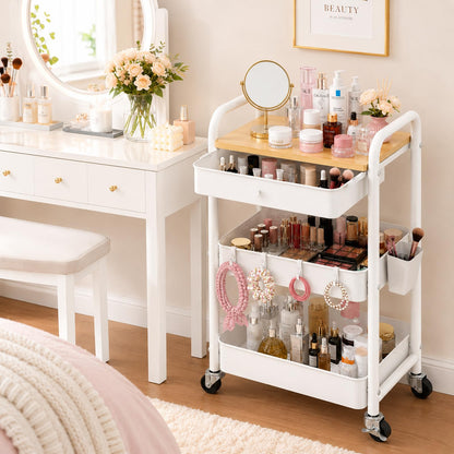 3 Tier Metal Rolling Cart with Drawers, Makeup Organizer Cart with Wheels for Skin Care/Lash/Hair Product/Perfume, Esthetician Pedicure Carts for Nail Techs, Vanity, Bathroom,Craft Storage Carts,White