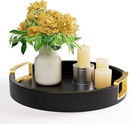12 Inch Round Decorative Tray - Round Black Tray with Gold Metal Handles - Stain Resistant Serving Trays for Decor