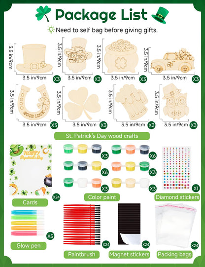 Bafeil 24 Set St. Patrick's Day Crafts for Kids - Color Your Own Art St. Patrick's Day Coloring Craft with Magnets Paints- Non-Toxic DIY Wood Paint Crafts Kits- St. Patrick's Activities for Classroom
