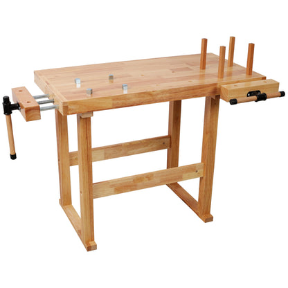 Teemful 40 Inches Wood Workbench, Heavy Duty Woodworking Table with Adjustable Handle Storage, 330lbs Load Capacity, Solid Wood Workstation for Garage, Workshop, DIY Natural