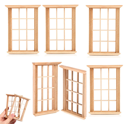 6Pcs Dollhouse Windows 1: 12 Scale Unfinished Miniature Wooden Windows Frame Mode, Mini Furniture Doll House Decoration (4.52X3.26X0.79inch)