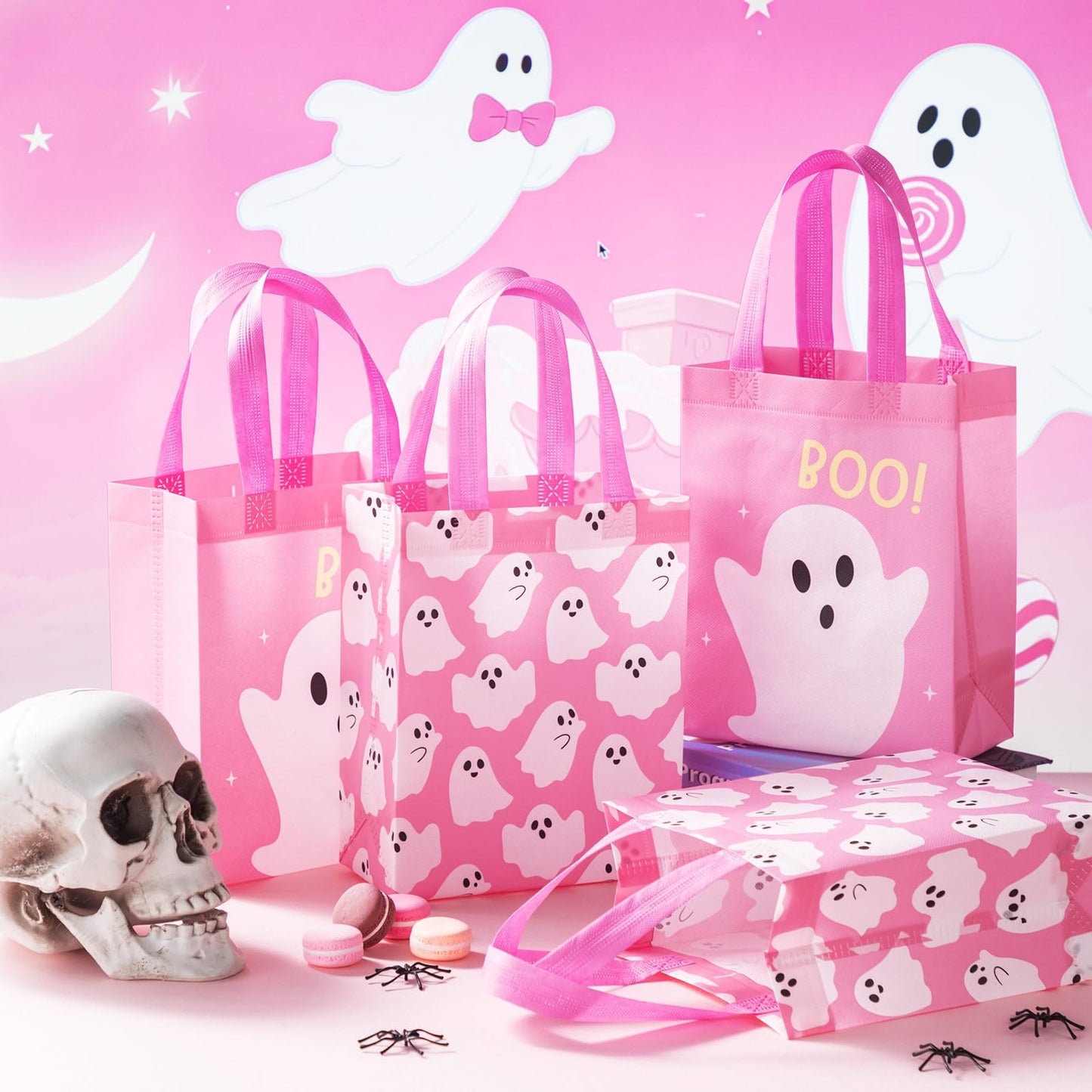 Wovnet 30 Pcs Halloween Party Favor Gift Bags Ghost Boo Pink Reusable Non Woven Goodie Treat Bags with Handle Horror Theme for Halloween Party Supplies 10 x 8 x 4in