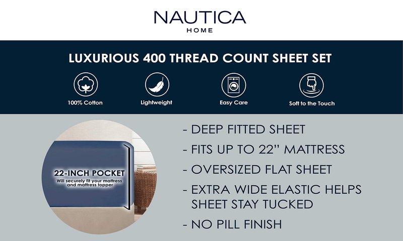 Nautica - Queen Sheets, Cotton Sateen Bedding, 400 Thread Count, Silky Smooth & Wrinkle Resistant (Regatta Navy, Queen)