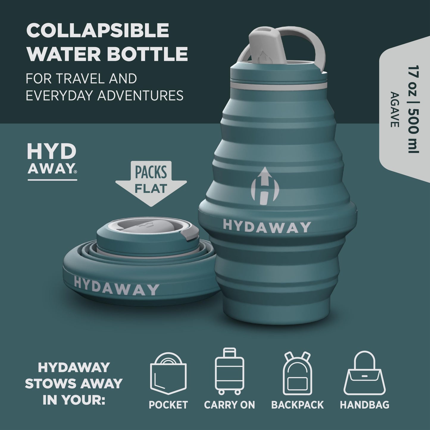 HYDAWAY 17oz Travel Collapsible Water Bottle - BPA-Free, Leakproof, Lightweight, Reusable - Perfect for Travel, Hiking, and Everyday Hydration
