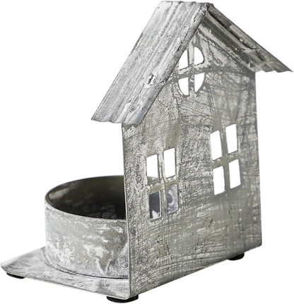 Metal Village House Tealight Holder by [Brand Name] - Antique Grey, 3.25x2.75x2 Inches