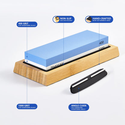 Knife Sharpening Stone 400/1000 Grit, Whetstone 2-in-1 Professional Sharpening Stones for Knives, Sharpener Stone with Non-Slip Bamboo Base, Kitchen Knife Sharpener for Straight & Serrated Edges